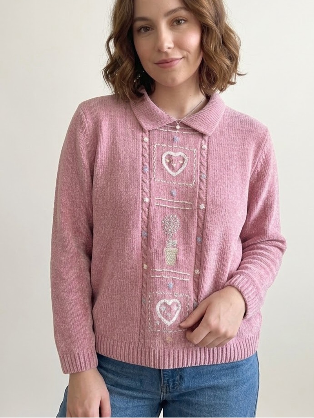 Vtg ALFRED DUNNER Pink Chenille Collar Sweater Embroidery 90s Preppy Women’s 1X